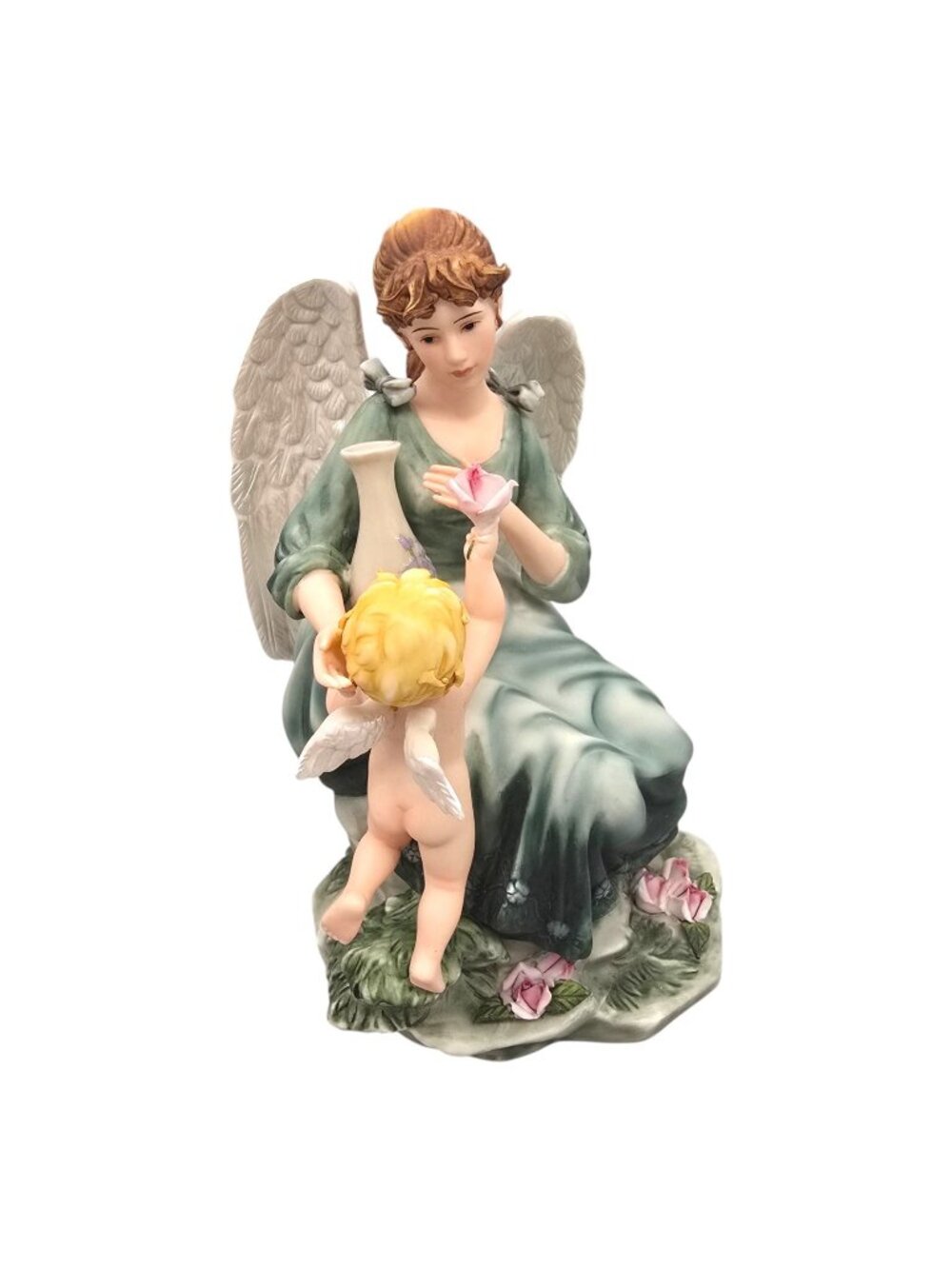 Angel & Cherub Figurine Giving Flower Sculpture Hand-Painted Porcelain 8.5"